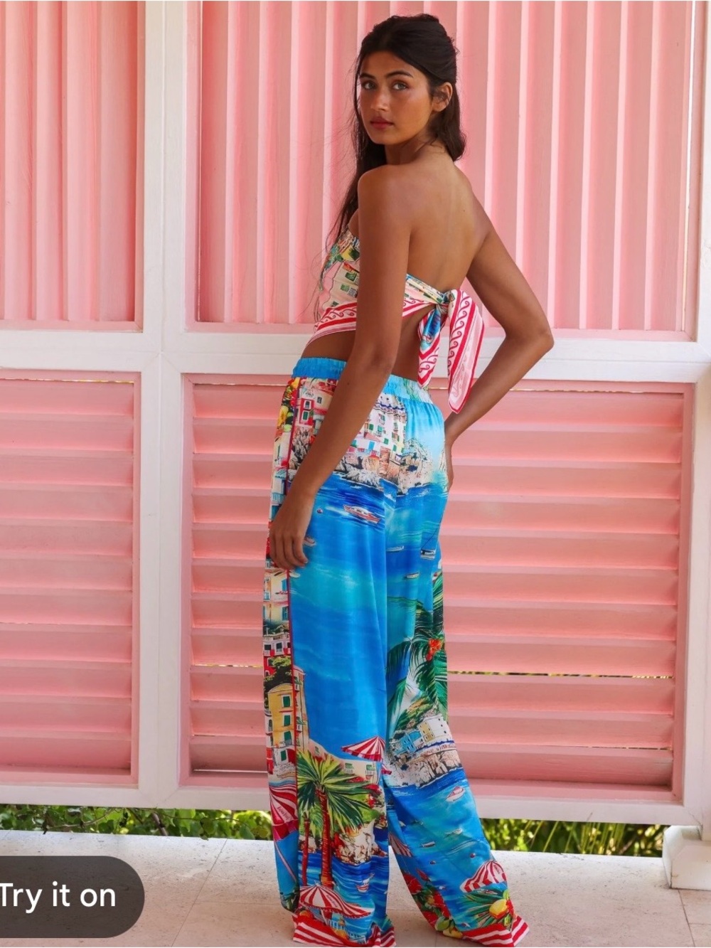 Kulani Kinis Blue Tropical Wide-Leg Beach Pants and scarf style top